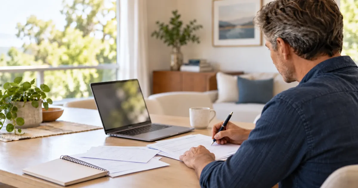 Watersporter vult thuis een aanvraagformulier voor het vaarbewijs in naast een laptop.