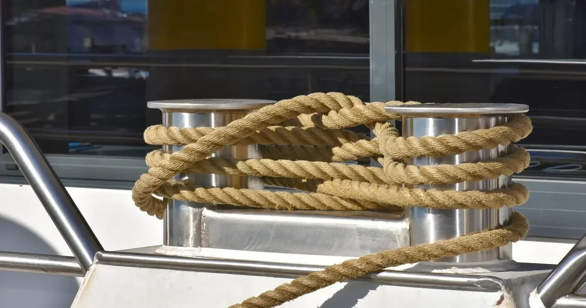 Dikke scheepstouwen belegd rond twee metalen bolders op een schip.