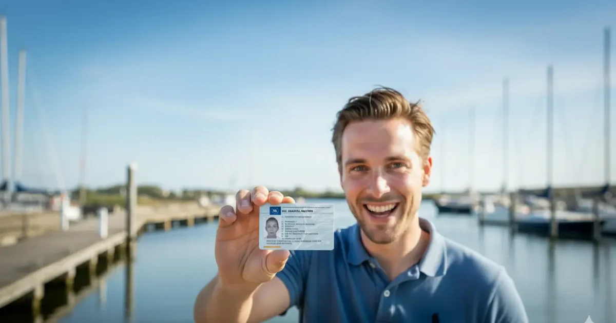 Blije man toont zijn behaalde vaarbewijs bij een jachthaven.