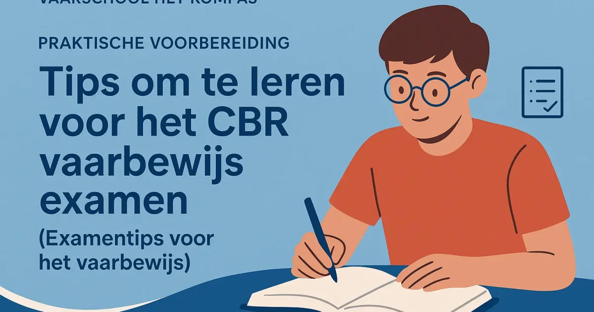 Illustratie met praktische tips om te leren voor het CBR-vaarbewijsexamen.