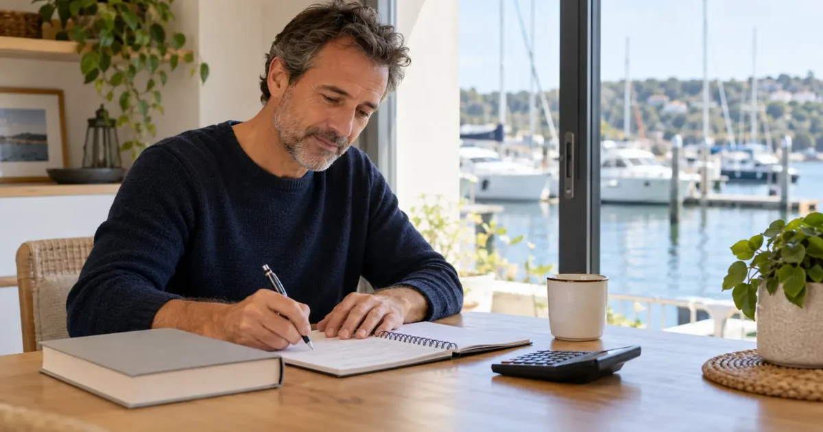 Watersporter berekent aan tafel de kosten van zijn vaarbewijs. Controleer de alt-tekst na keuze van de daadwerkelijke afbeelding.