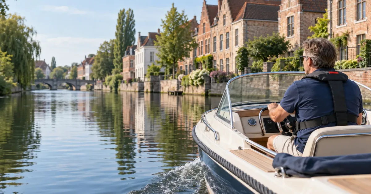 Schipper van ongeveer 50 jaar vaart rustig met een motorboot over een Belgisch kanaal langs Vlaamse bakstenen gebouwen.