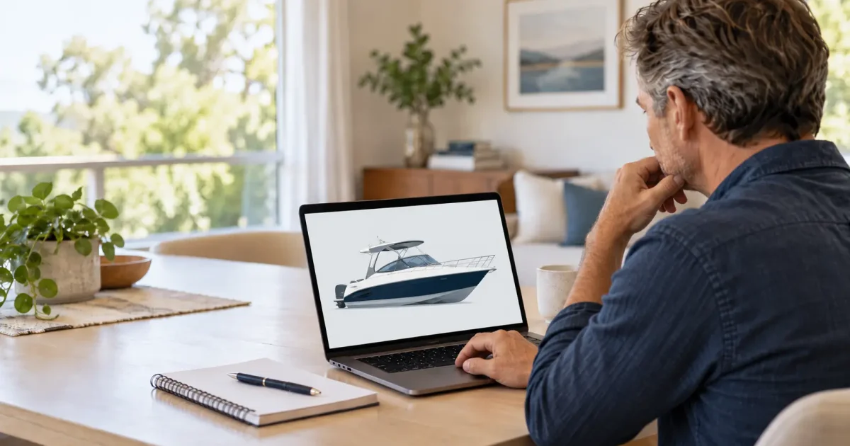 Watersporter volgt thuis een online vaarbewijscursus op een laptop.