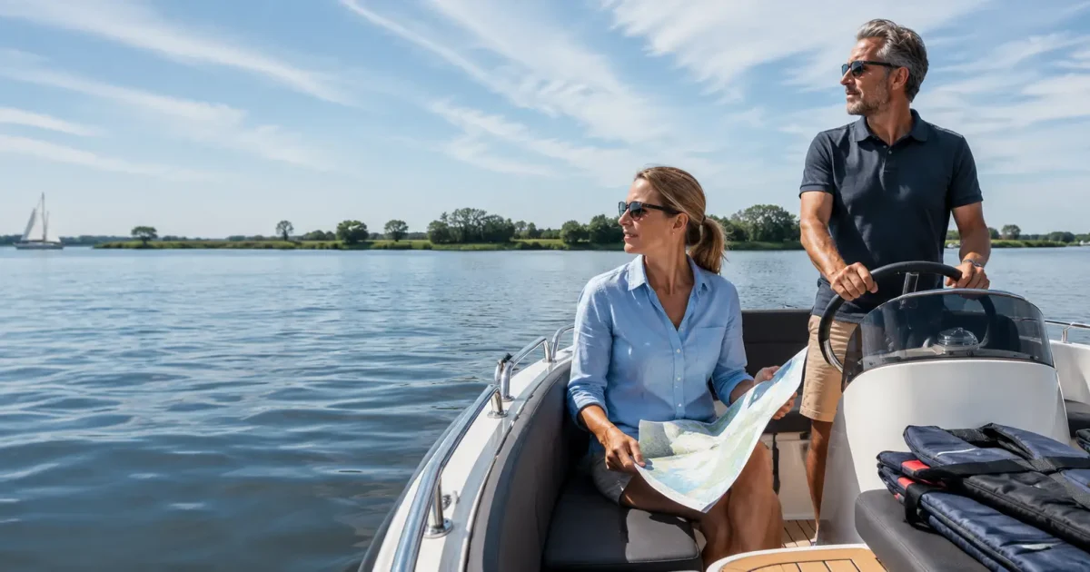 Man bestuurt een motorboot terwijl een vrouw met een waterkaart de vaarroute bepaalt.