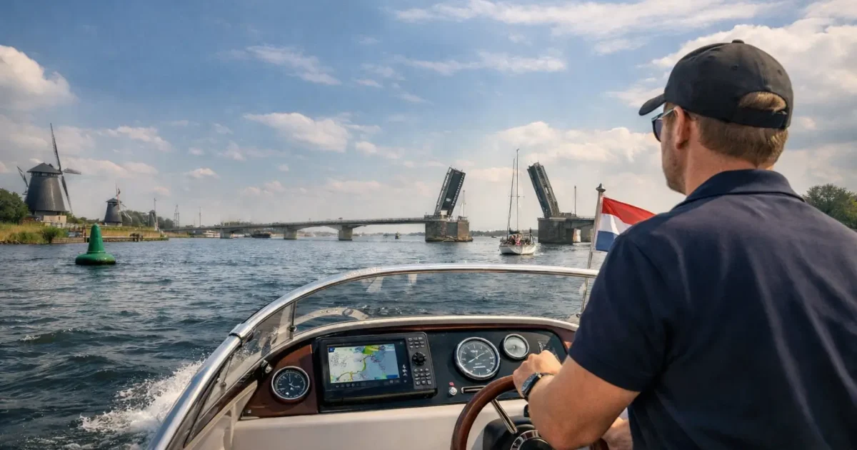 Man vaart voor het eerst zelfstandig met een motorboot richting een geopende brug.