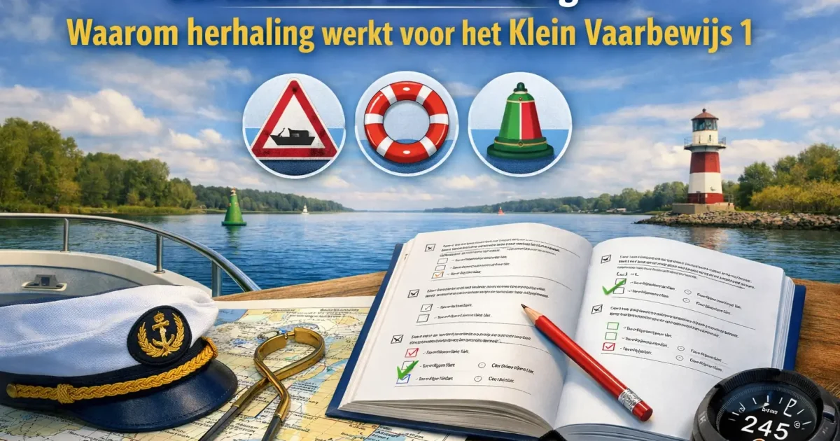 Oefenboek met examenvragen voor Klein Vaarbewijs 1 naast een waterkaart, passer en kompas.