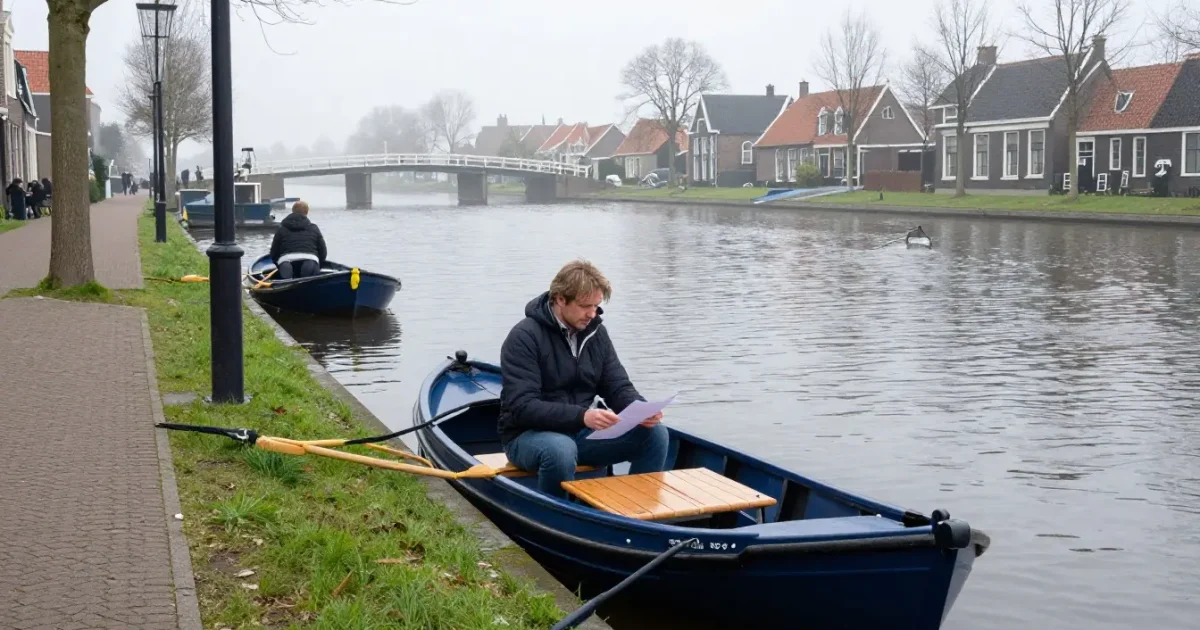 Een man bestudeert een vaarplan op de boeg van een houten sloep in een Nederlandse gracht.