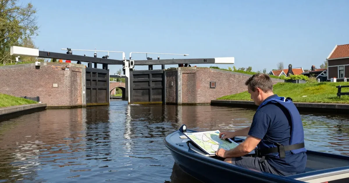 Een cursist met een reddingsvest bestuurt een motorsloep en bekijkt een kaart op de console.