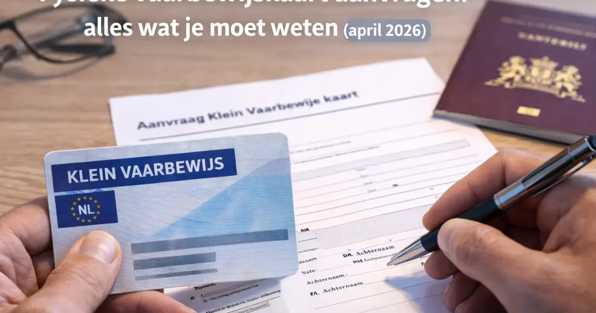 Persoon houdt een fysieke Klein Vaarbewijskaart vast bij een aanvraagformulier en Nederlands paspoort.