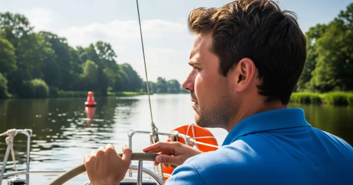 Man bestuurt een zeilboot op rustig binnenwater en vaart langs een rode vaarwegmarkering.