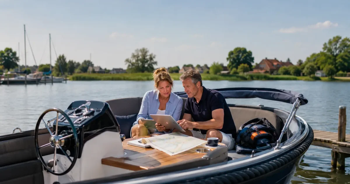 Man en vrouw leren op een tablet voor Klein Vaarbewijs 1 aan boord van een motorboot.