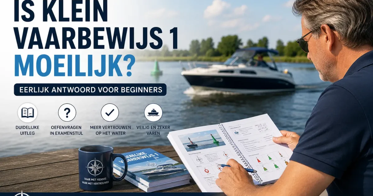 Beginnende cursist leert met een lesboek voor Klein Vaarbewijs 1 aan de waterkant.