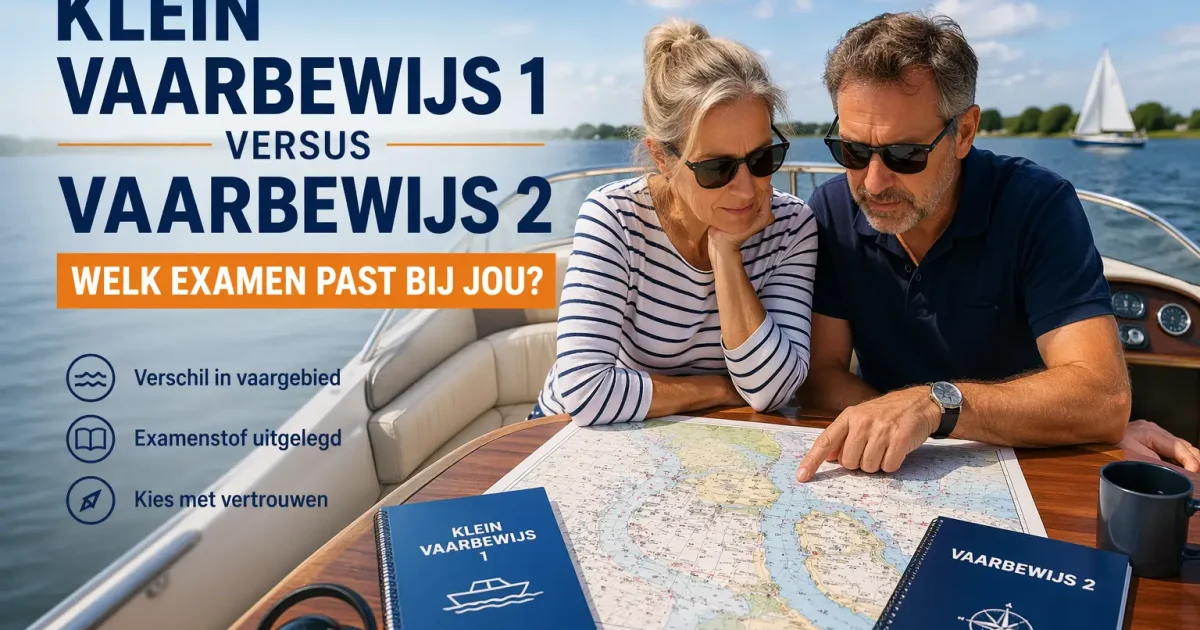 Vergelijking tussen Klein Vaarbewijs 1 en Klein Vaarbewijs 2 met een stel dat een waterkaart bekijkt op een motorboot.