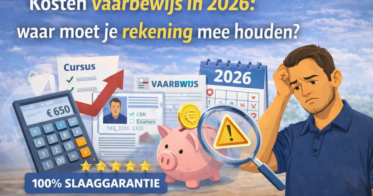 Overzicht van de kosten voor het behalen van een vaarbewijs in 2026, waaronder cursus- en examenkosten.