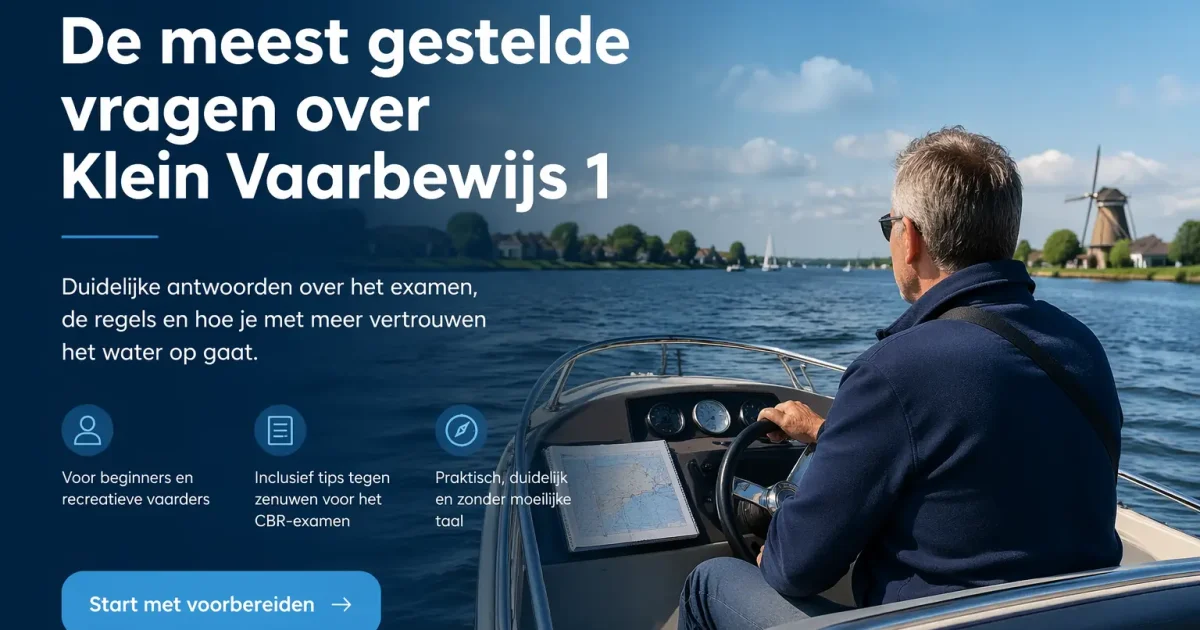 Man bestuurt een motorboot bij een Nederlands vaargebied met informatie over veelgestelde vragen rond Klein Vaarbewijs 1.