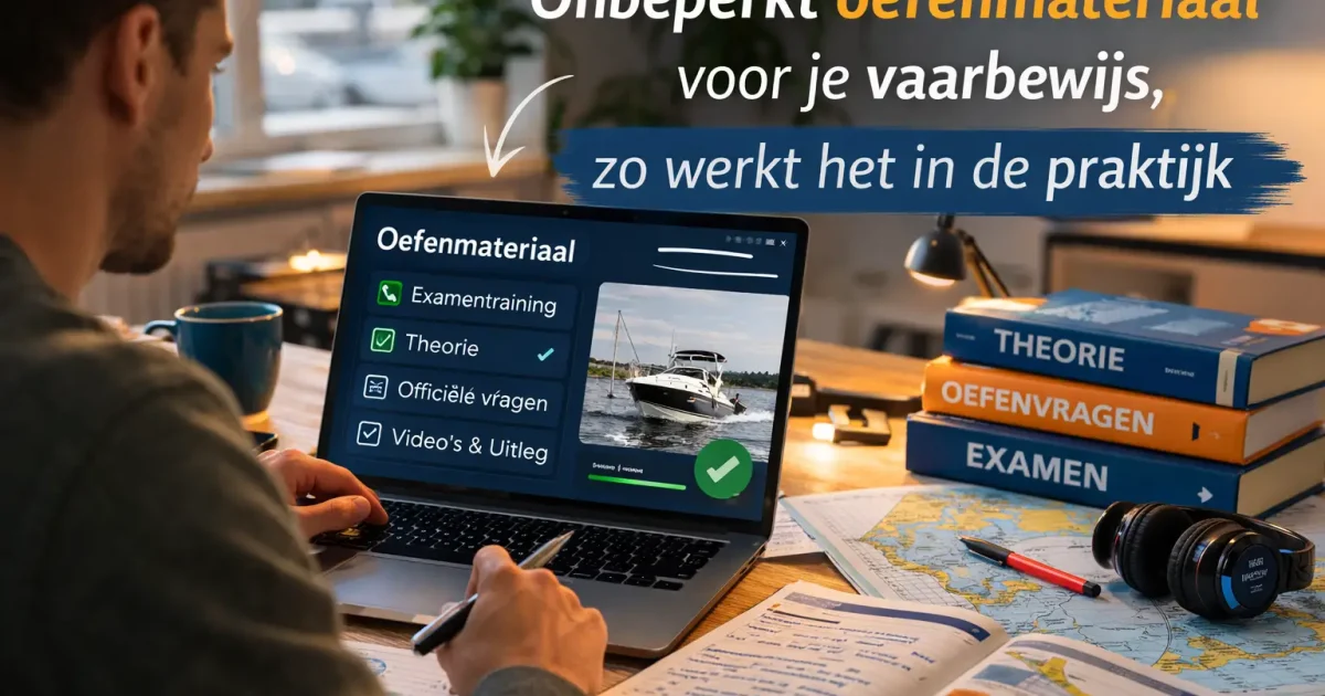 Cursist oefent online voor het vaarbewijs met onbeperkt oefenmateriaal, theorie en examenvragen.