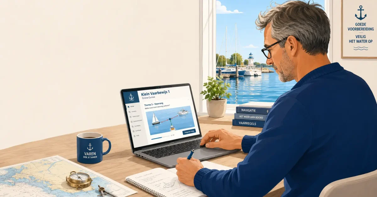 Man studeert thuis online voor Klein Vaarbewijs 1 met een laptop, waterkaart en kompas.