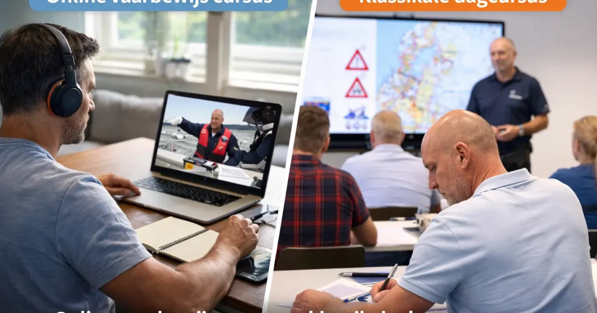 Vergelijking tussen een online vaarbewijscursus thuis en een klassikale dagcursus in 2026.