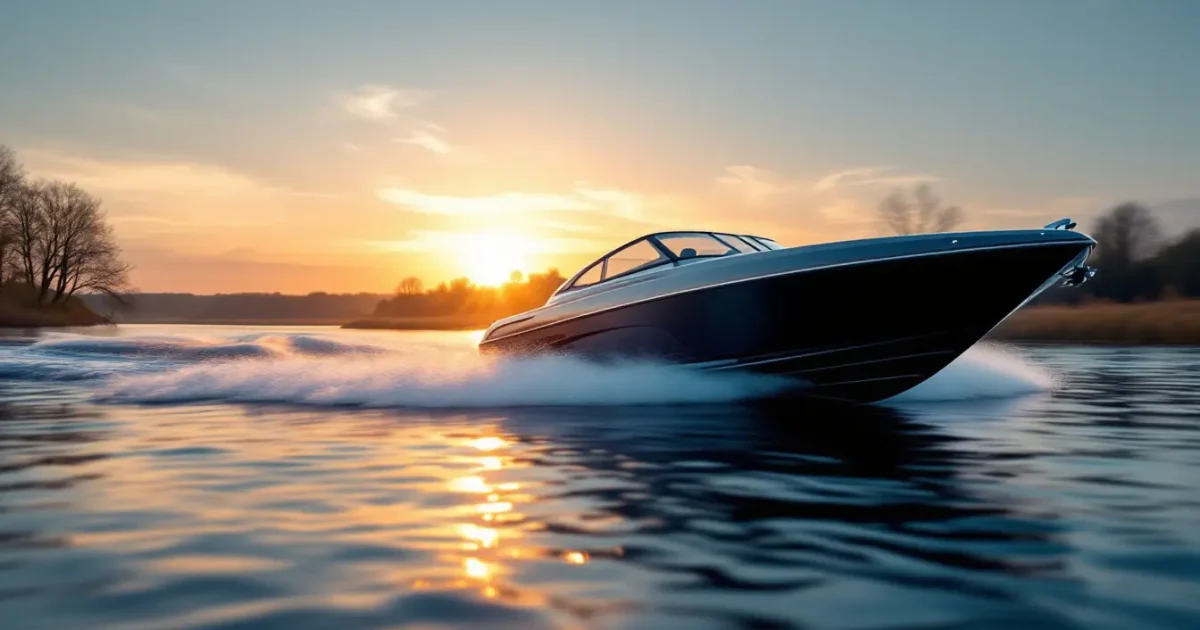 Snelle motorboot vaart bij zonsondergang over de Loosdrechtse Plassen.