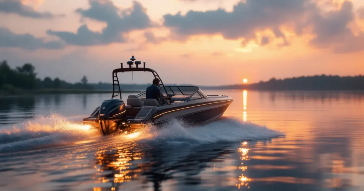 Speedboot vaart bij zonsondergang over de Vinkeveense Plassen.