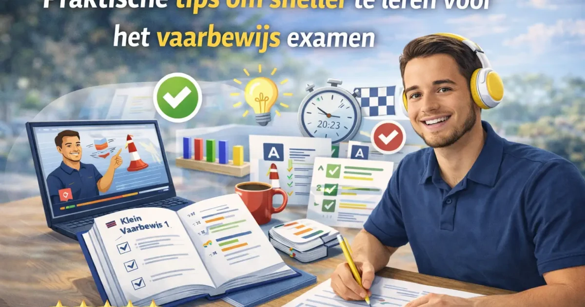 Cursist leert met videolessen en oefenvragen voor het vaarbewijsexamen.