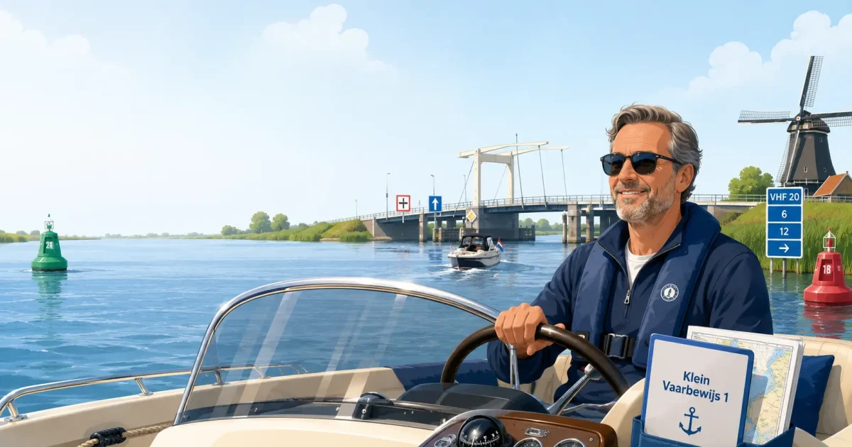 Man bestuurt een motorboot op Nederlands binnenwater met lesmateriaal voor Klein Vaarbewijs 1 aan boord.