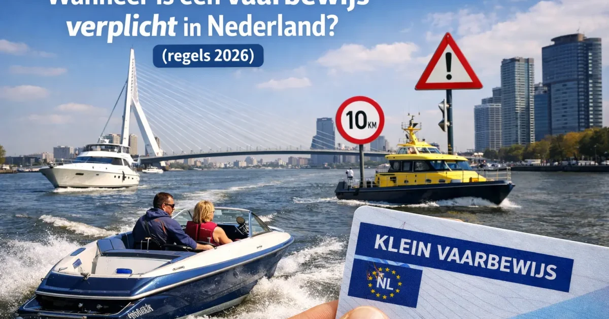 Snelle motorboot op Nederlands vaarwater met een Klein Vaarbewijs en de vraag wanneer een vaarbewijs verplicht is in 2026.