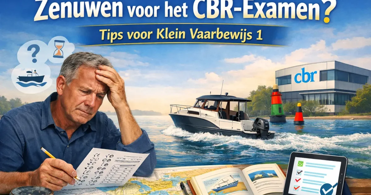 Zenuwachtige cursist bereidt zich met een waterkaart en oefenvragen voor op het CBR-examen Klein Vaarbewijs 1.